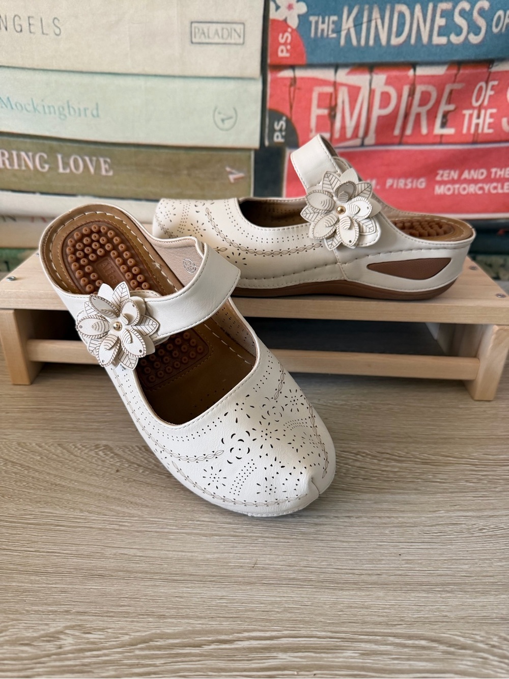 White Leather Floral Cutout Comfort Wedge Clogs Mules